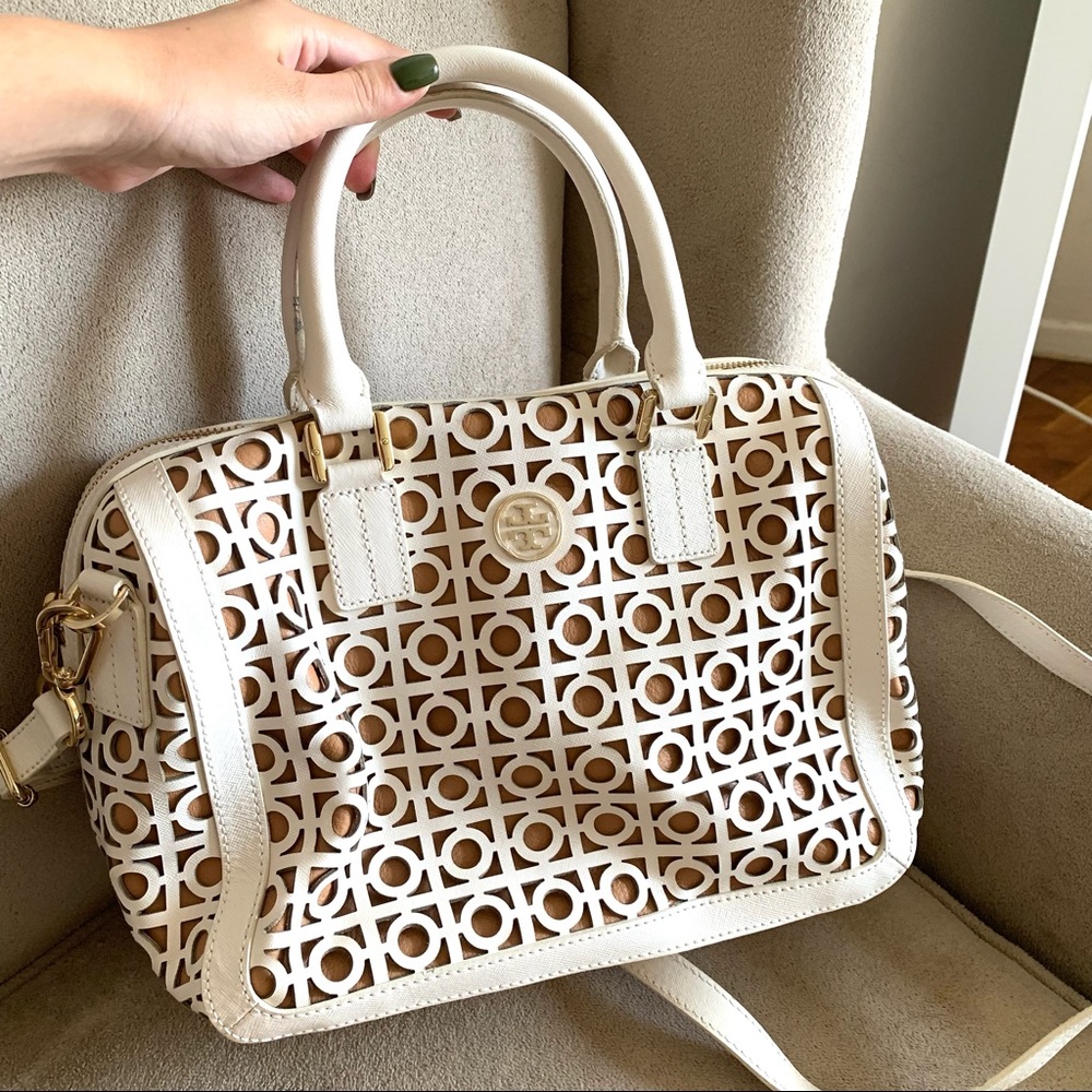 GC Tory Burch laser cut cream satchel bag